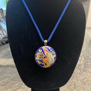 Cloisonné Blue and Gold Peacock Pendant Necklace With Rope Chain